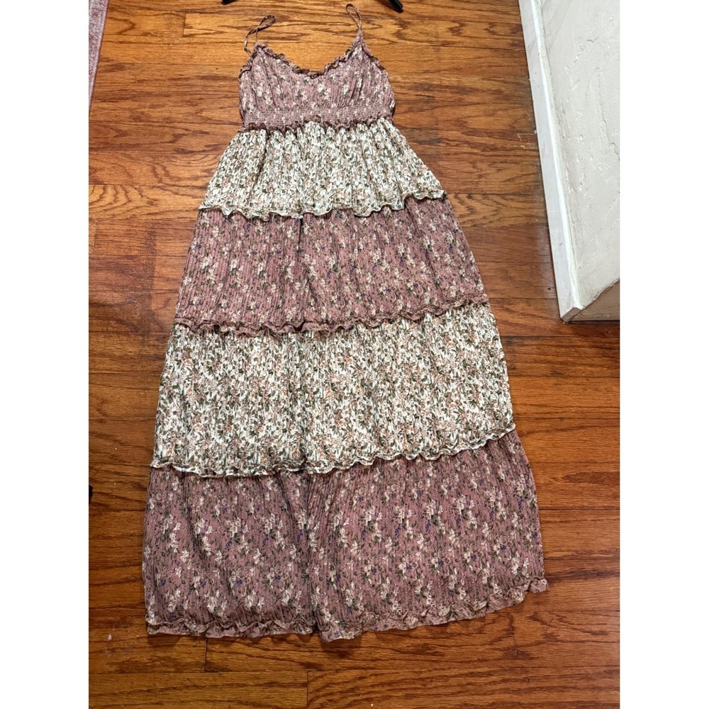 Show Me Your Mumu Emira Maxi Dress Floral Print Mix Pleated Tiered Mauve Medium
